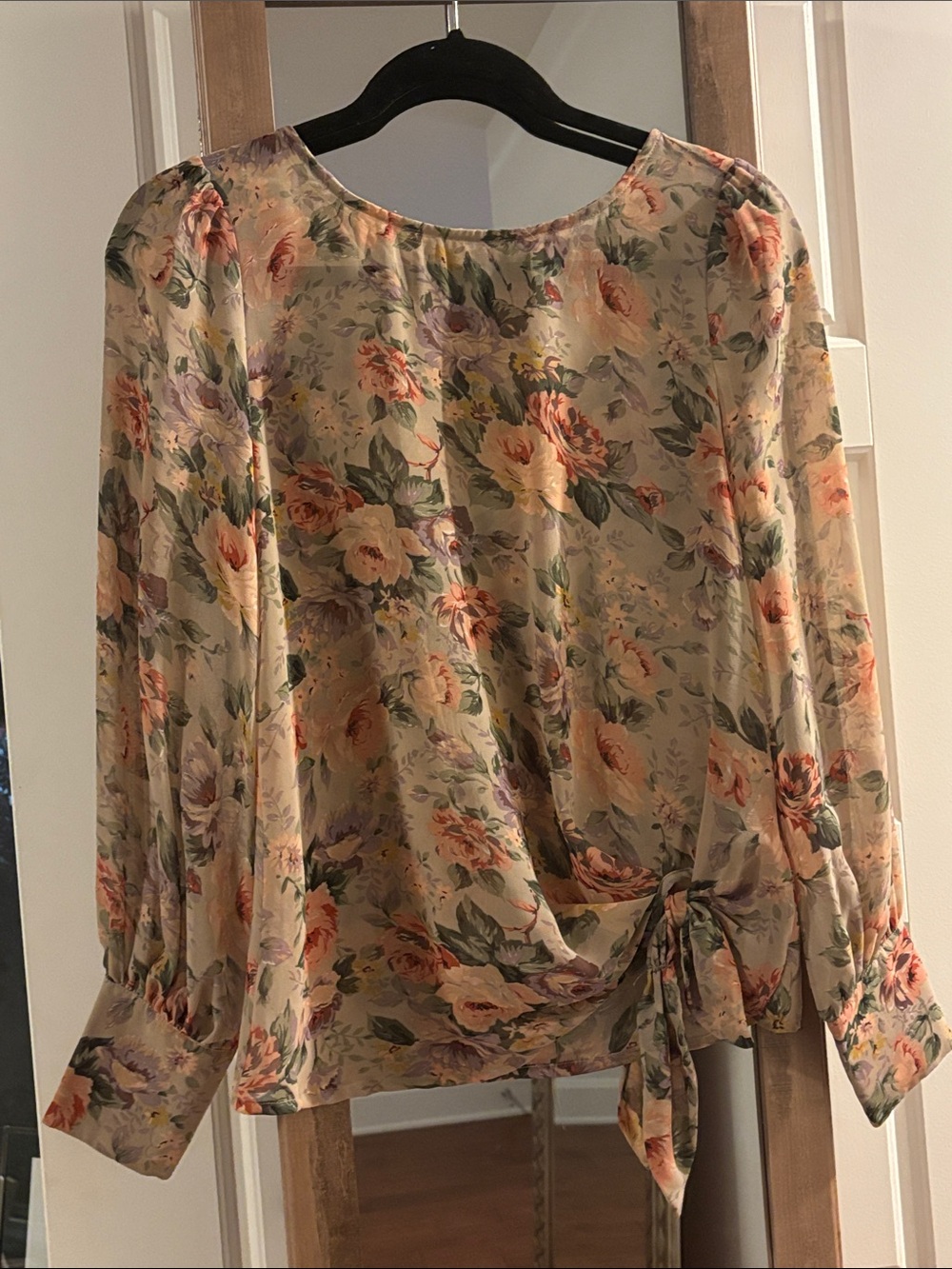 Floral Tie-Front Long-Sleeve Blouse - Beige Floral